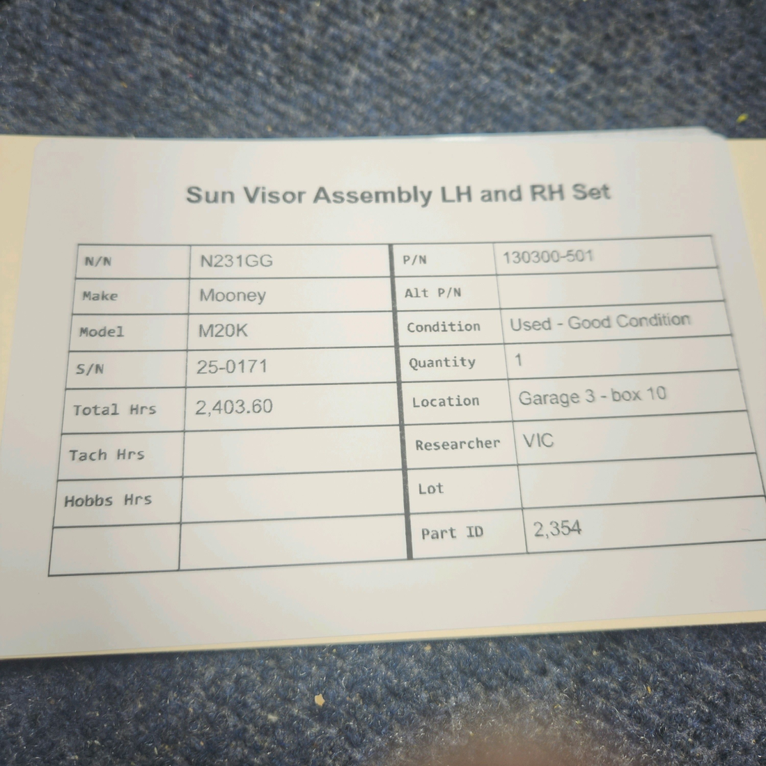 Used aircraft parts for sale, 130300-501 Mooney M20K SUN VISOR ASSEMBLY LH AND RH SET