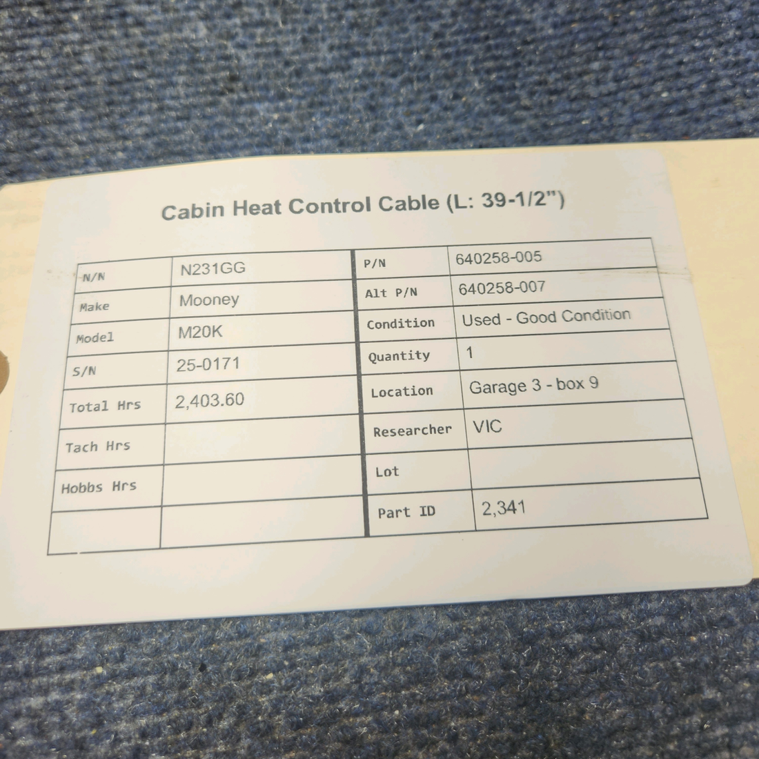 Used aircraft parts for sale, 640258-005 Mooney M20K CABIN HEAT CONTROL CABLE (L: 39-1/2")