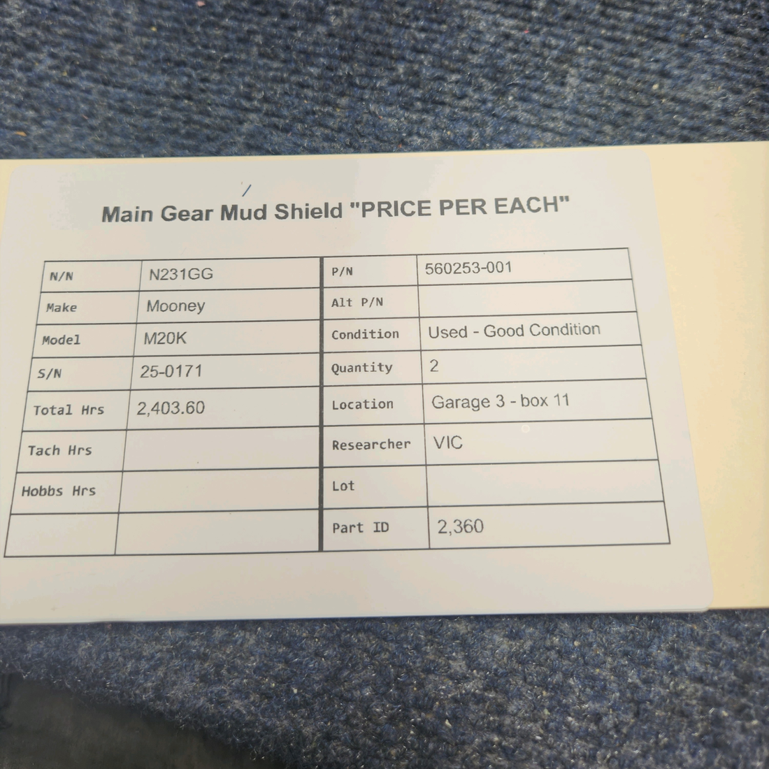 Used aircraft parts for sale, 560253-001 Mooney M20K MAIN GEAR MUD SHIELD "PRICE PER EACH"