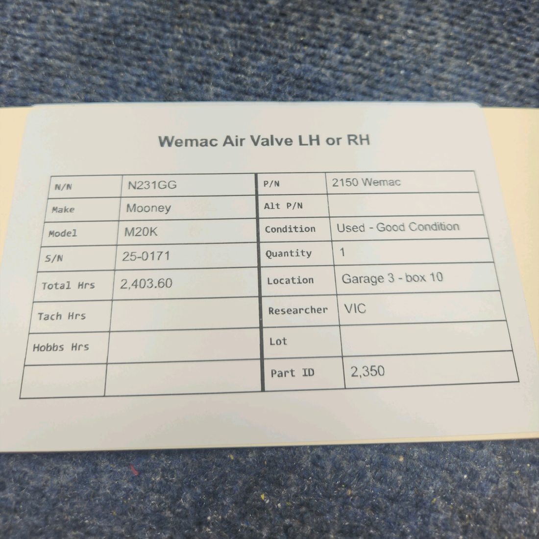 Used aircraft parts for sale, 2150 Wemac Mooney M20K WEMAC AIR VALVE LH OR RH