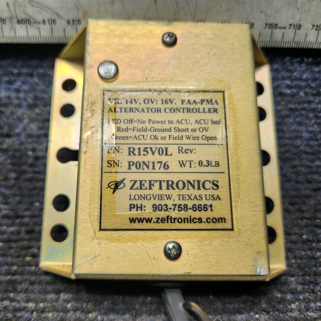 Used aircraft parts for sale, R15V0L Zeftronics Piper PA28-161 Alternator Controller Unit (Volts: 14)