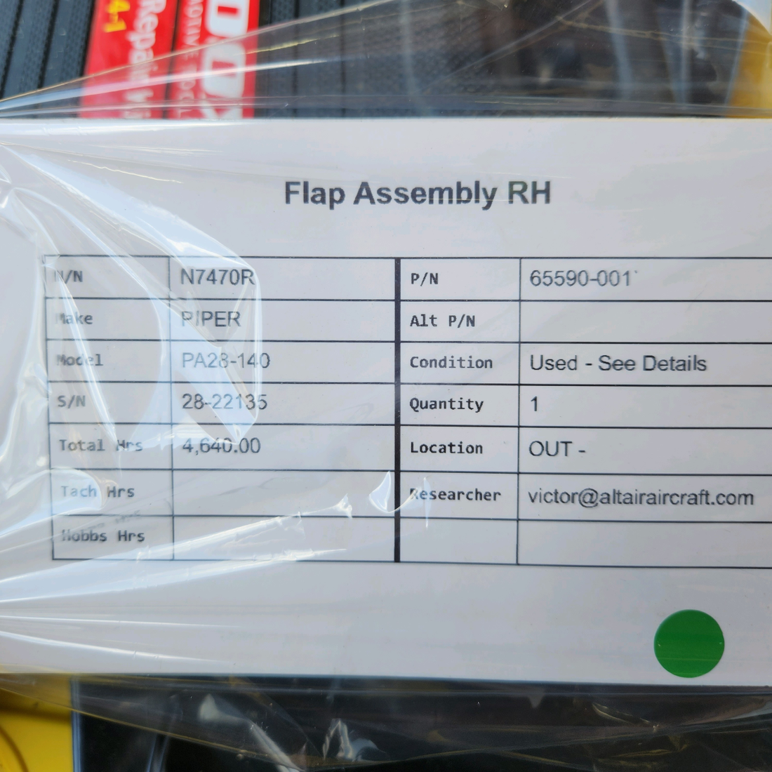 Used aircraft parts for sale, 65590-001 PIPER PA28-140 FLAP ASSEMBLY RH