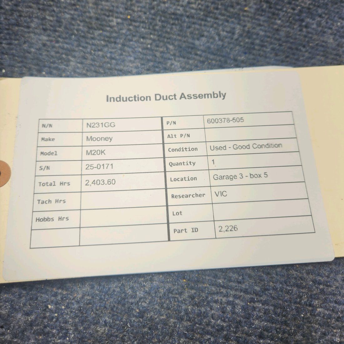 Used aircraft parts for sale, 600378-505 Mooney M20K INDUCTION DUCT ASSEMBLY