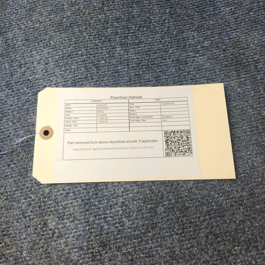 Used aircraft parts for sale, 130089-005 Mooney M20J FLOORLINER HATRACK