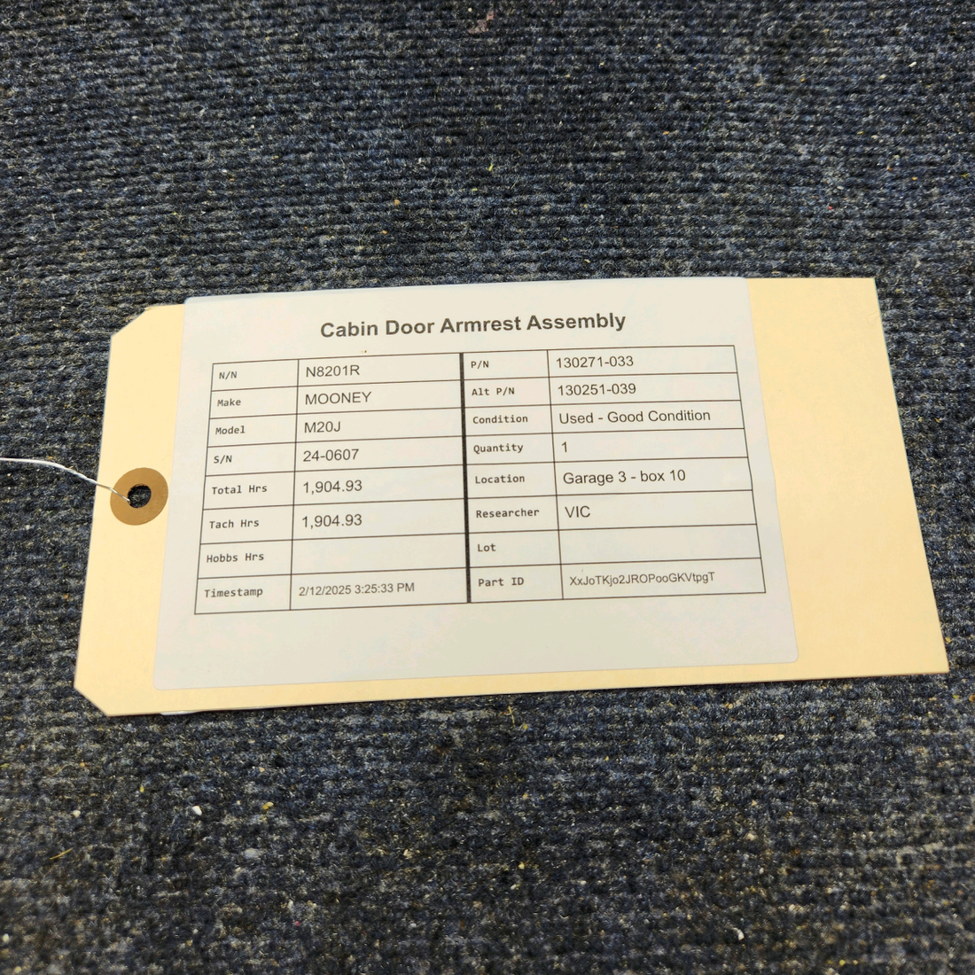 Used aircraft parts for sale, 130271-033 Mooney M20J CABIN DOOR ARMREST ASSEMBLY