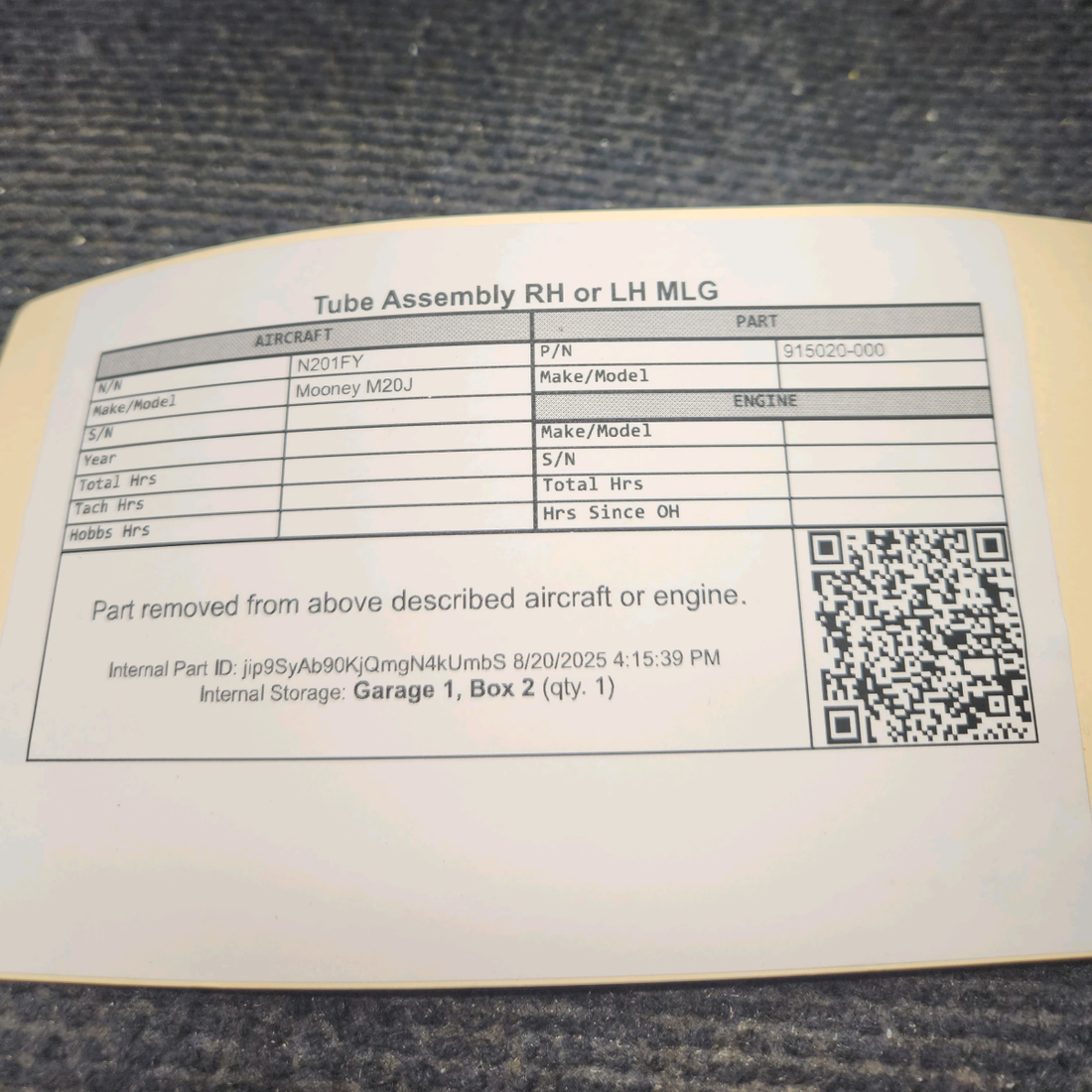 Used aircraft parts for sale, 915020-000 Mooney M20J Tube Assembly Main Landing Gear - RH or LH