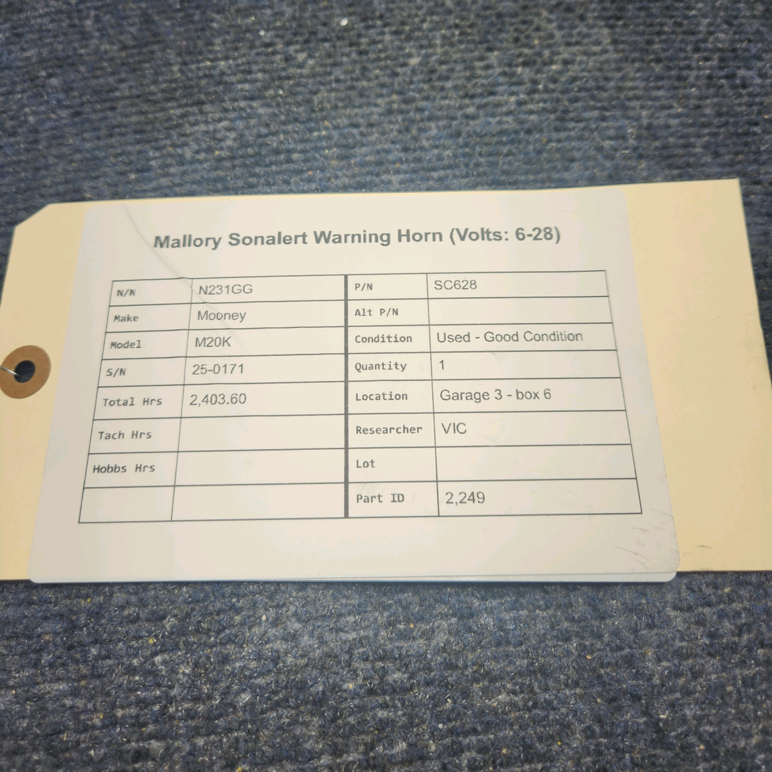 Used aircraft parts for sale, SC628 Mooney M20K MALLORY SONALERT WARNING HORN (VOLTS: 6-28)