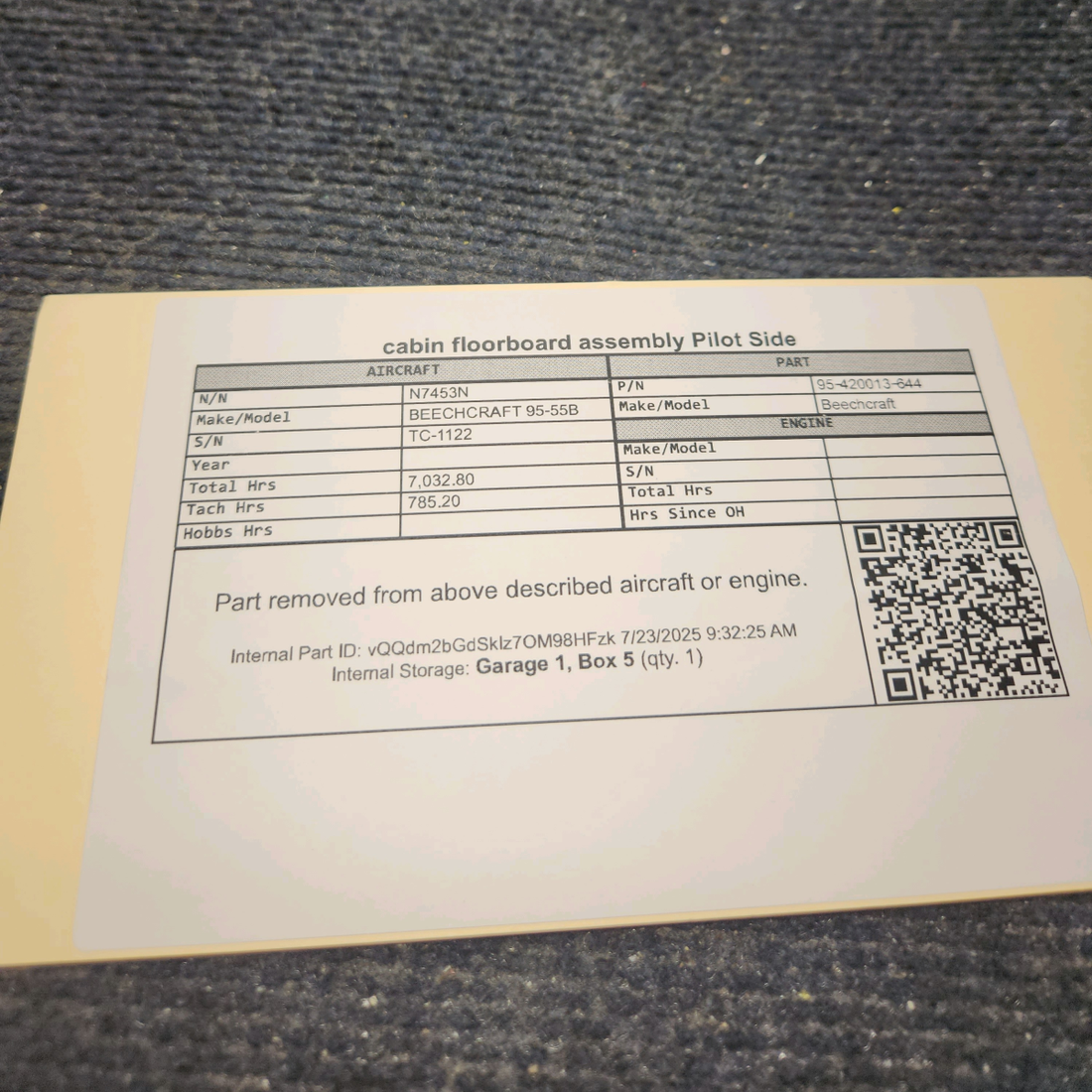 Used aircraft parts for sale, 95‑420013‑644 BEECHCRAFT 95-55B Pilot Side Cabin Floorboard Assembly