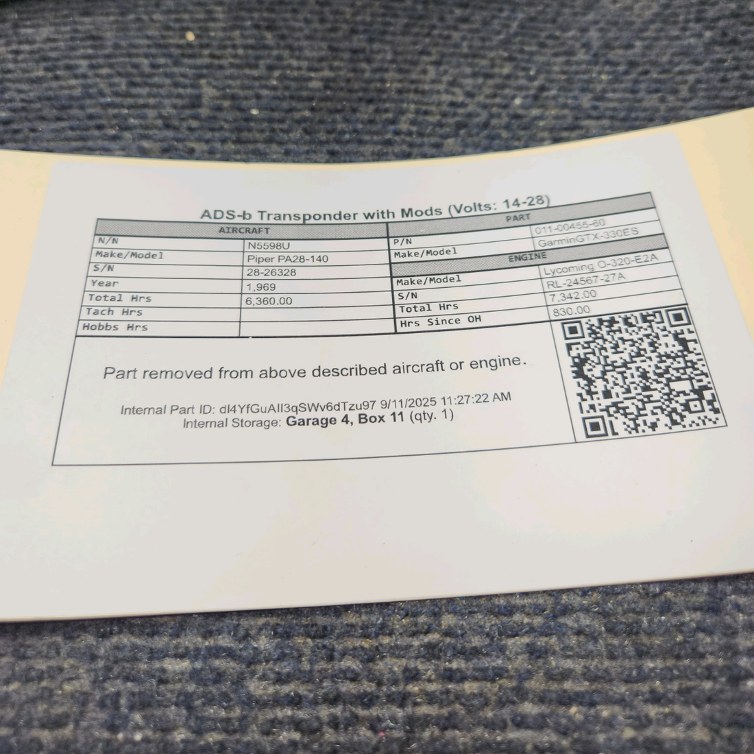 Used aircraft parts for sale, 011-00455-60 Garmin GTX-330ES Piper PA28-140 ADS-B Transponder with Modifications (14–28 Volts)