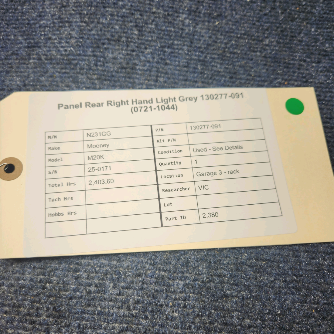 Used aircraft parts for sale, 130277-091 Mooney M20K PANEL REAR RIGHT HAND LIGHT GREY