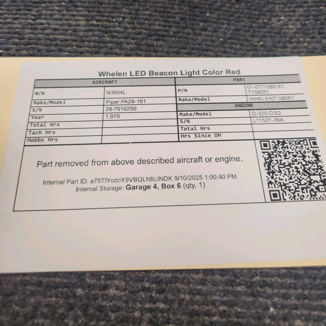 Used aircraft parts for sale, 01-0771080-51 WHELEN 7108051 Piper PA28-161 LED Beacon Light - Color Red
