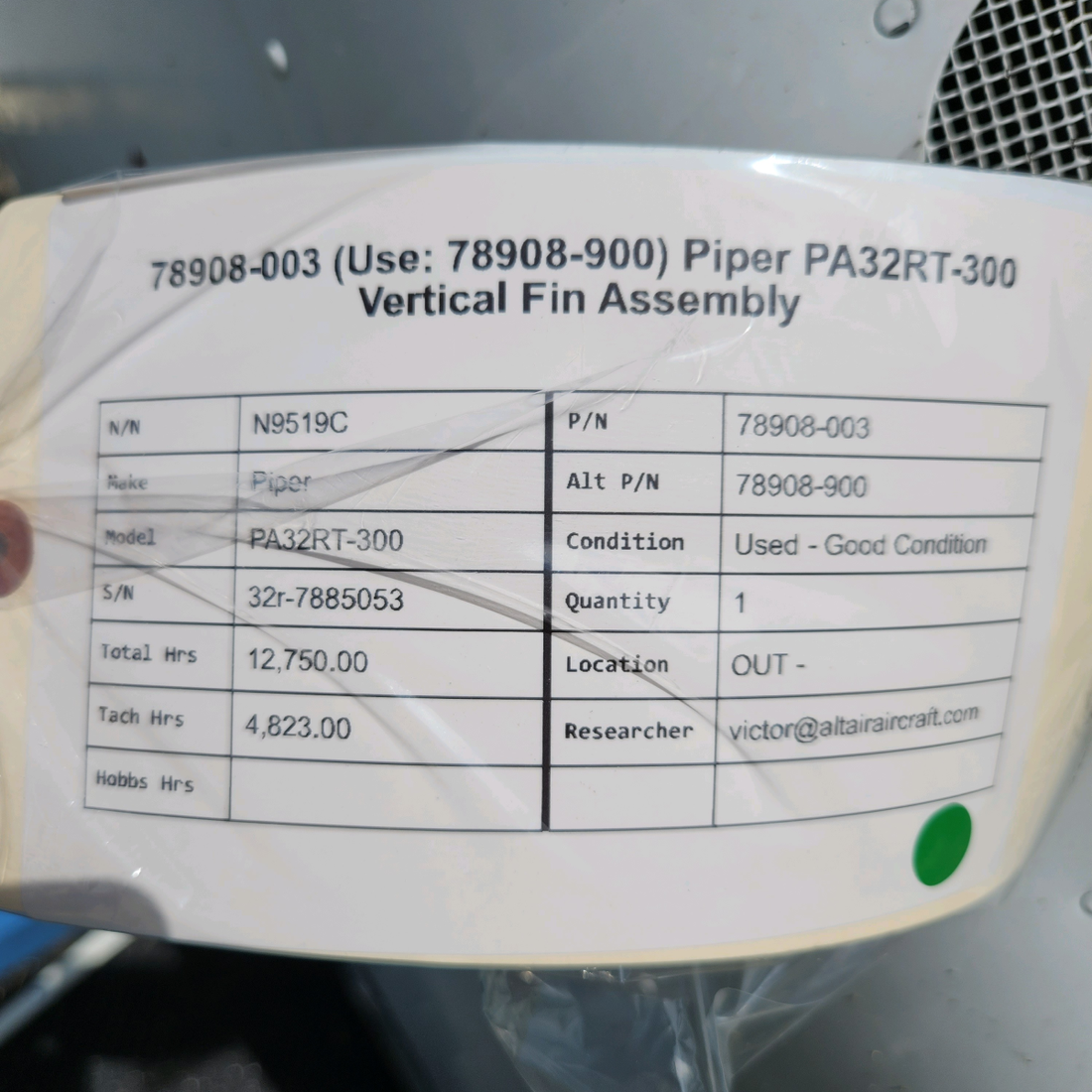 Used aircraft parts for sale, 78908-003 & 78908-900 Piper PA32RT-300 VERTICAL FIN ASSEMBLY