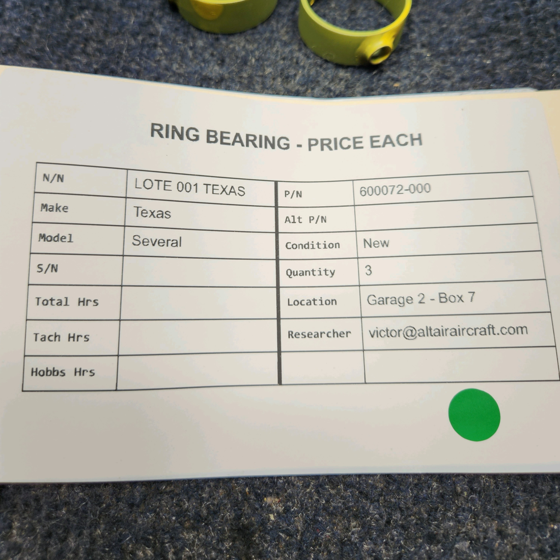 Used aircraft parts for sale, 600072-000 Mooney Texas Several RING BEARING PRICE PER EACH.