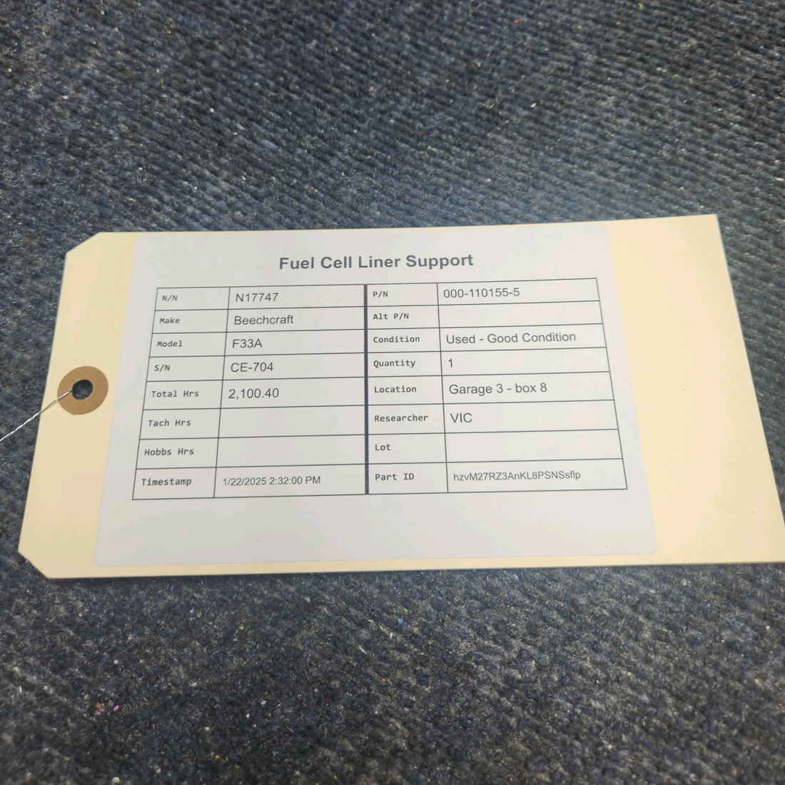 Used aircraft parts for sale, 000-110155-5 Beechcraft F33A FUEL CELL LINER SUPPORT