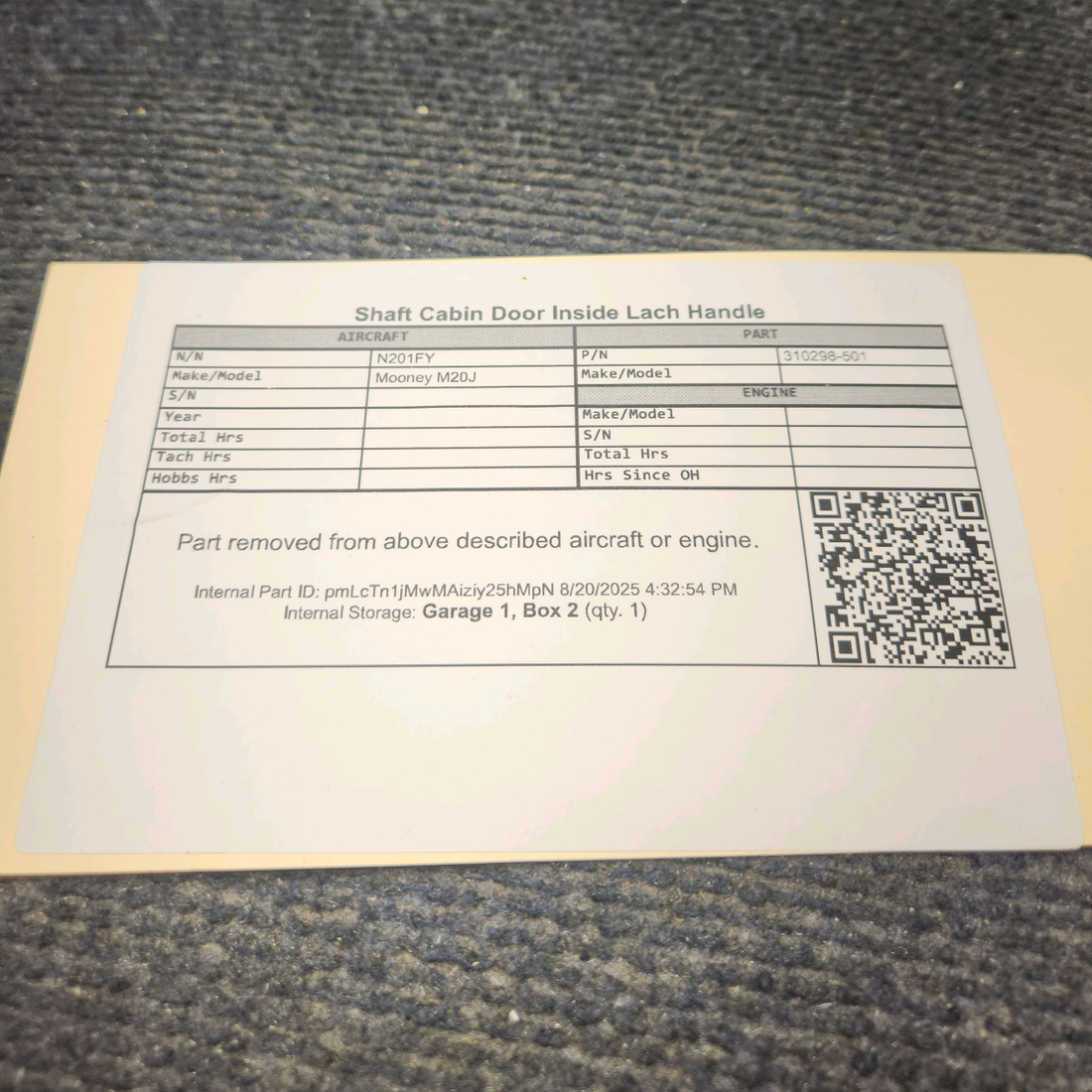 Used aircraft parts for sale, 310298-501 Mooney M20J Cabin Door Latch Handle Shaft – Inside