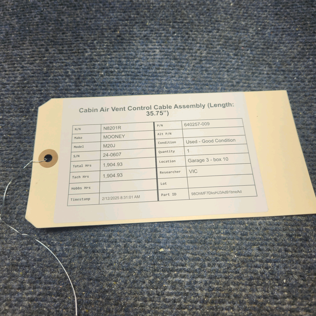 Used aircraft parts for sale, 640257-009 Mooney M20J CABIN AIR VENT CONTROL CABLE ASSEMBLY (LENGTH: 35.75”)