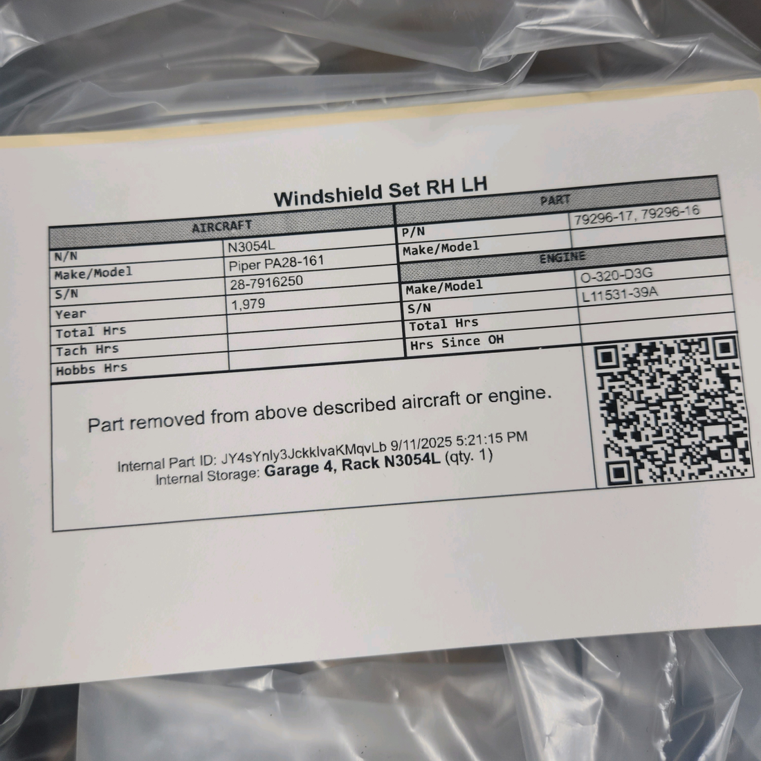 Used aircraft parts for sale, 79296-17, 79296-16 Piper PA28-161 Windshield Set - RH and LH