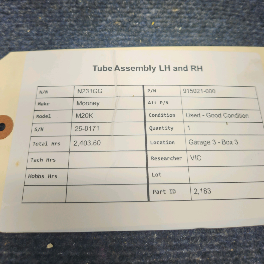 Used aircraft parts for sale, 915021-000 Mooney M20K TUBE ASSEMBLY LH AND RH