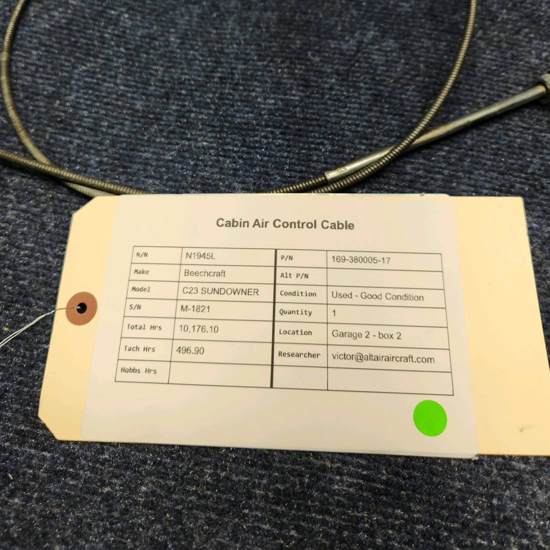 Used aircraft parts for sale, 169-380005-17 Beechcraft C23 SUNDOWNER CABIN AIR CONTROL CABLE