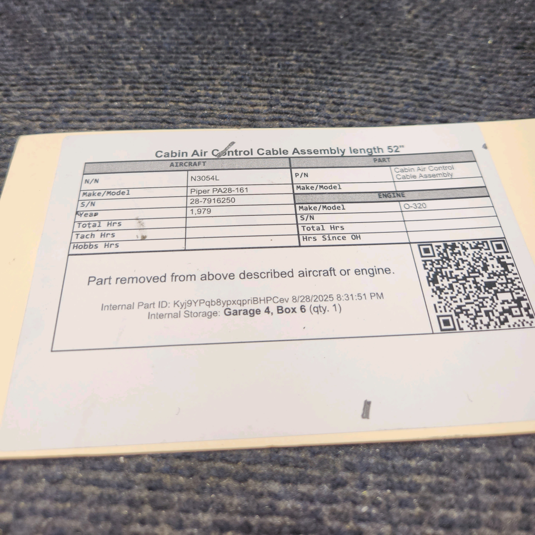 Used aircraft parts for sale, Cabin Air Control Cable Assembly Piper PA28-161 Cabin Air Control Cable Assembly (length 52")