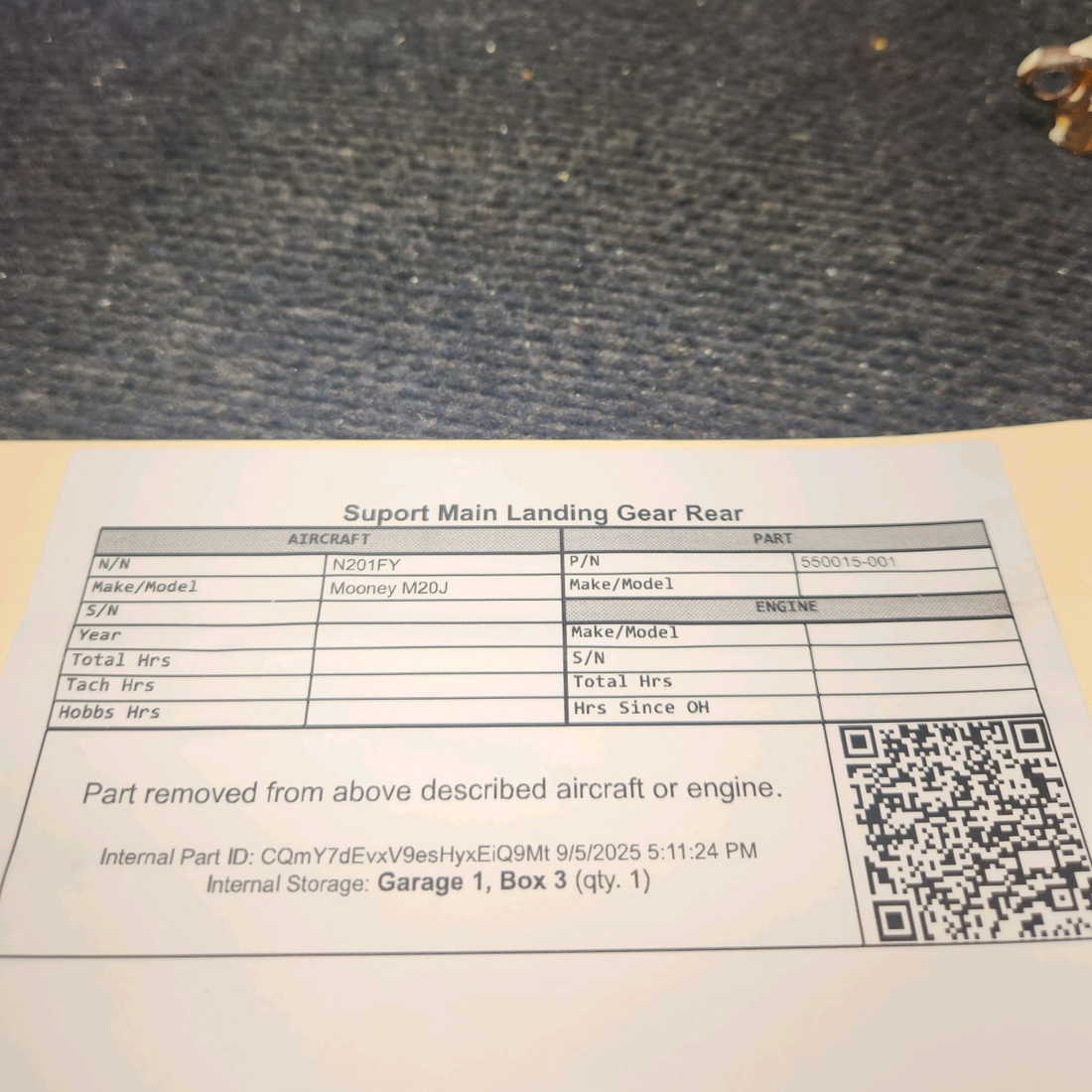 Used aircraft parts for sale, 550015-001 Mooney M20J Suport Main Landing Gear Rear