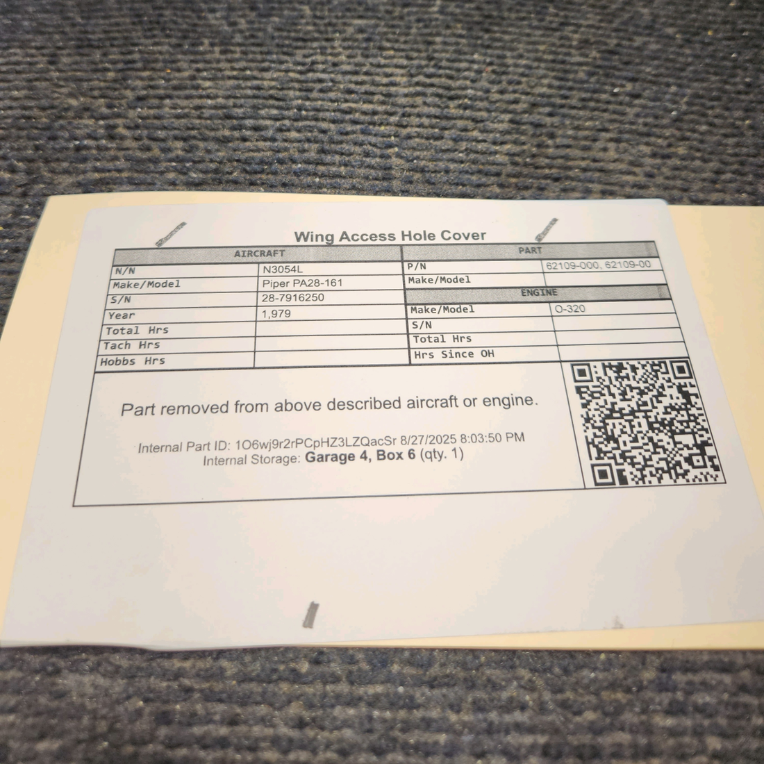 Used aircraft parts for sale, 62109-000 Piper PA28-161 Wing Access Hole Cover