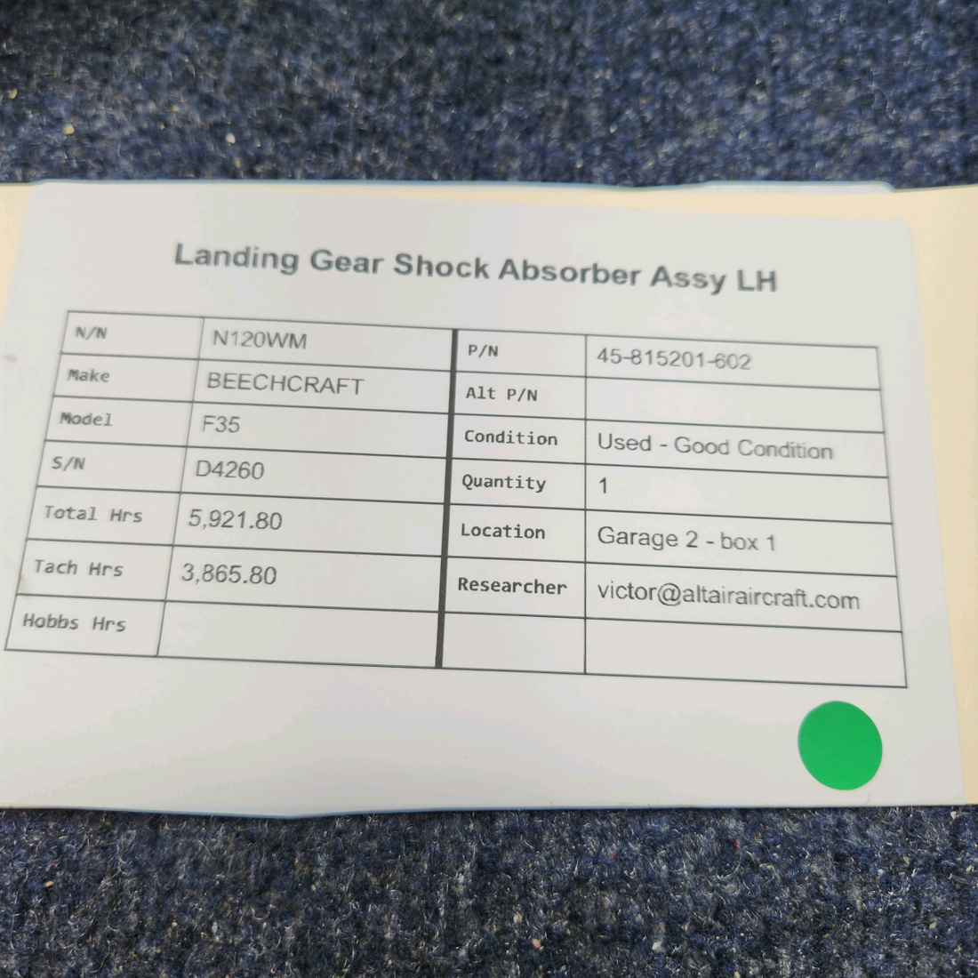 Used aircraft parts for sale, 45-815201-602 BEECHCRAFT F35 LANDING GEAR SHOCK ABSORBER ASSY LH
