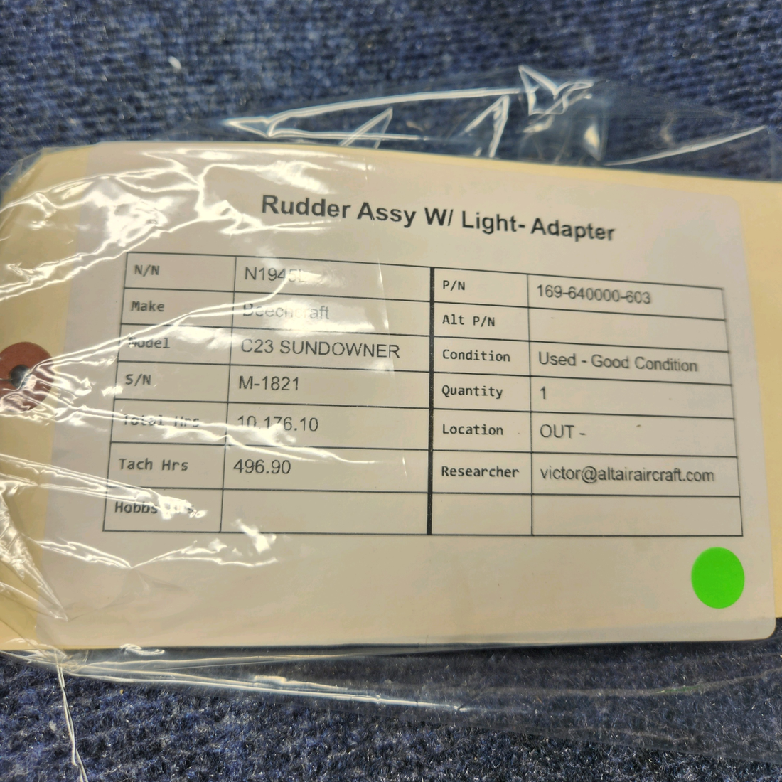Used aircraft parts for sale, 169-640000-603 Beechcraft C23 SUNDOWNER RUDDER ASSY W/ LIGHT- ADAPTER