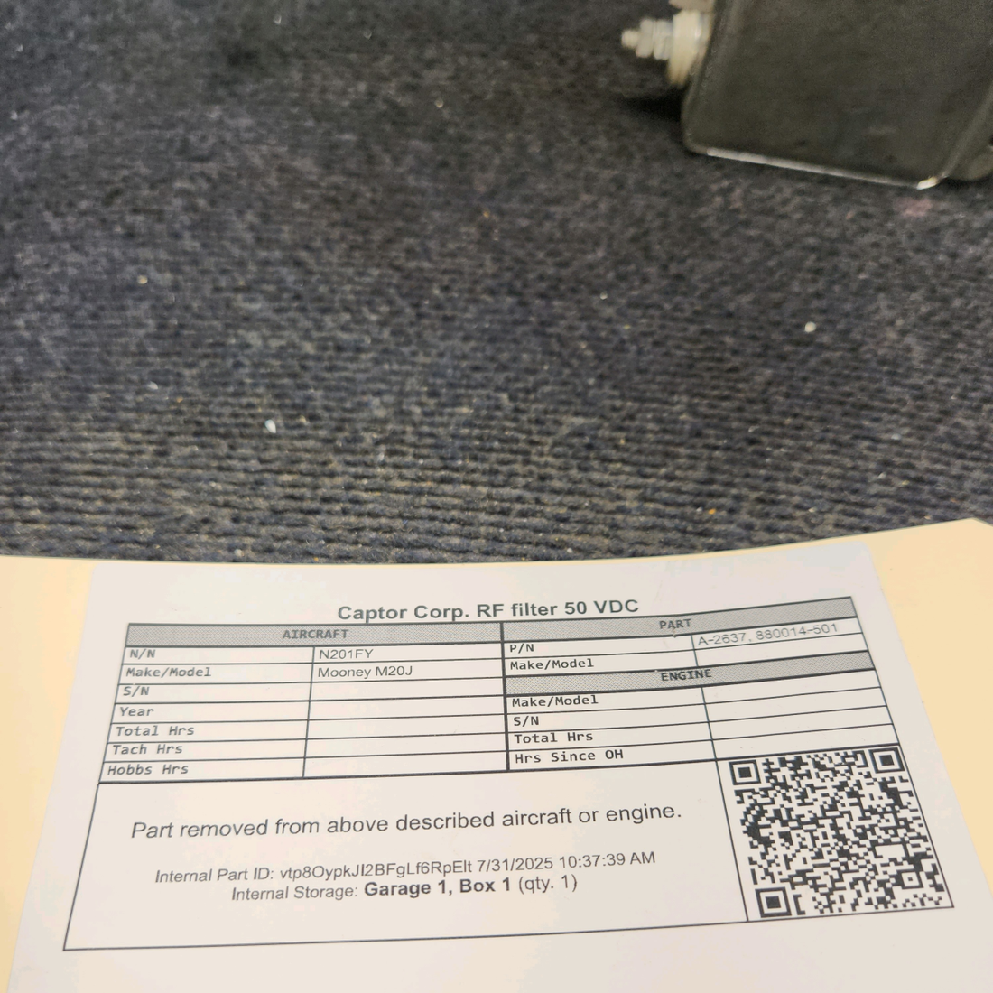 Used aircraft parts for sale, A‑2637 Mooney M20J Captor Corp. RF filter 50 VDC