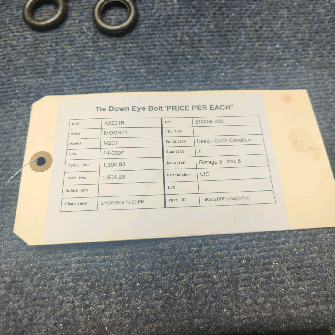Used aircraft parts for sale, 210308-000 Mooney M20J TIE DOWN EYE BOLT 'PRICE PER EACH"
