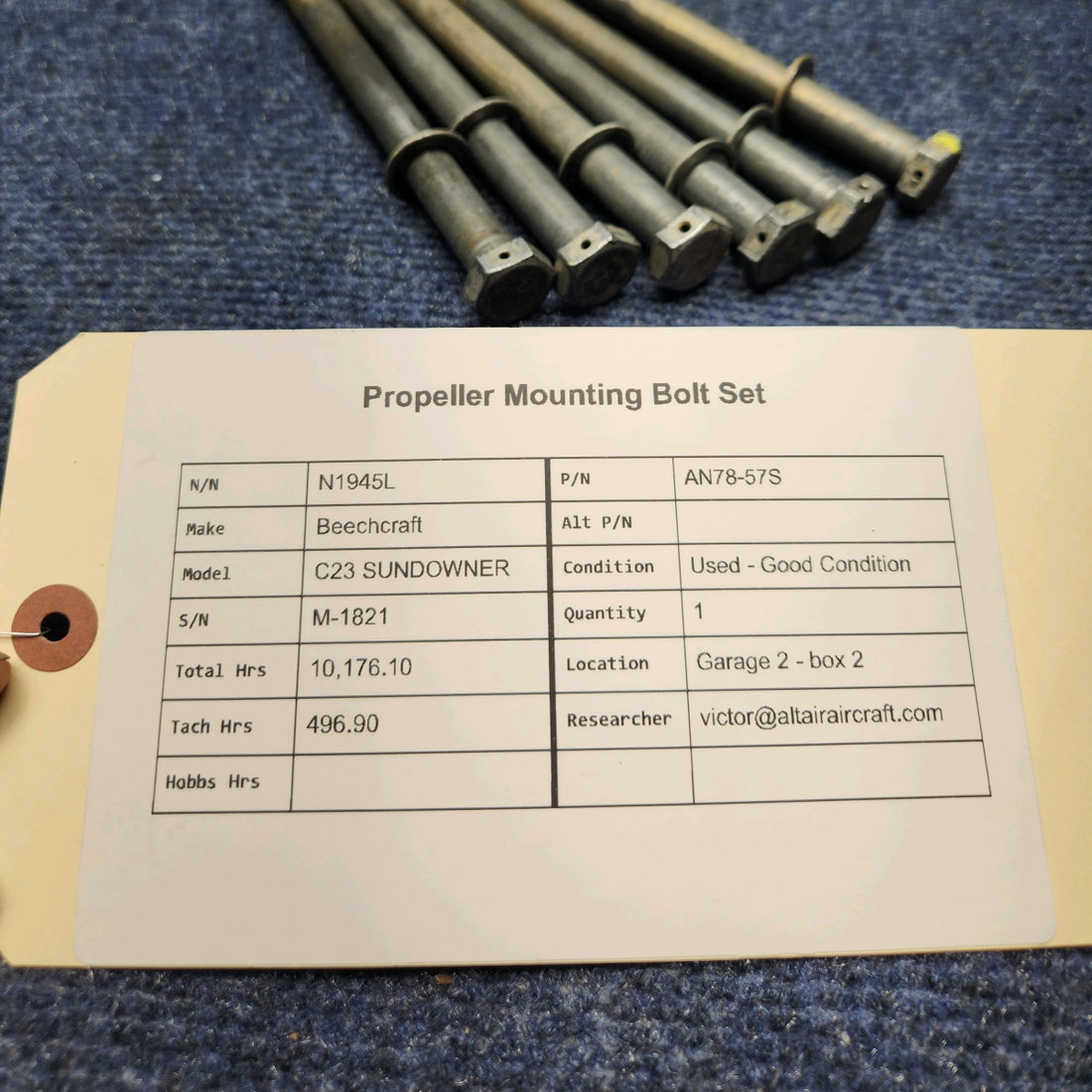 Used aircraft parts for sale, AN78-57S Beechcraft C23 SUNDOWNER PROPELLER MOUNTING BOLT SET