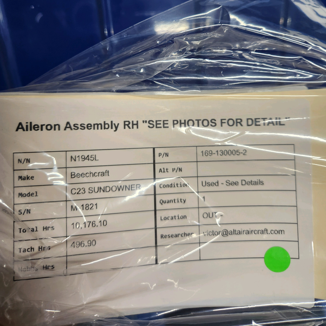 Used aircraft parts for sale, 169-130005-2 Beechcraft C23 SUNDOWNER AILERON ASSEMBLY RH "SEE PHOTOS FOR DETAIL"