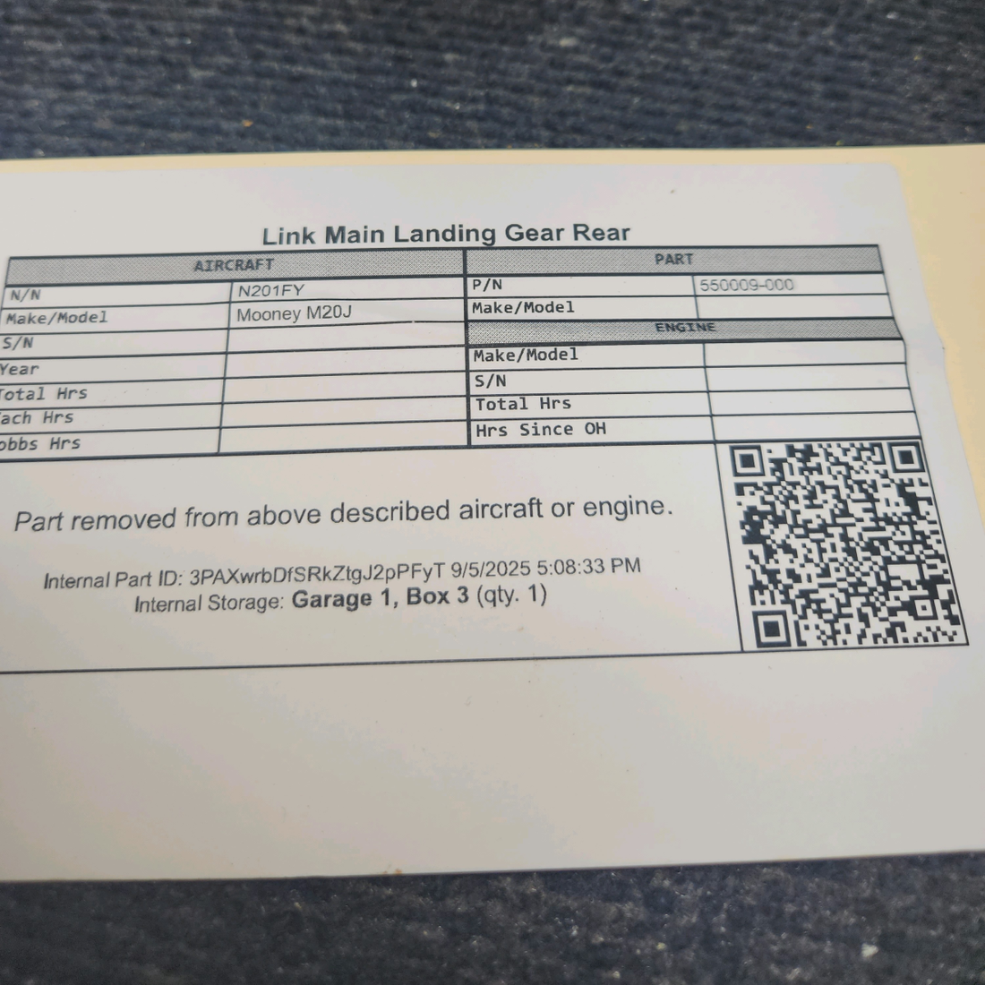 Used aircraft parts for sale, 550009-000 Mooney M20J Main Landing Gear Rear Link