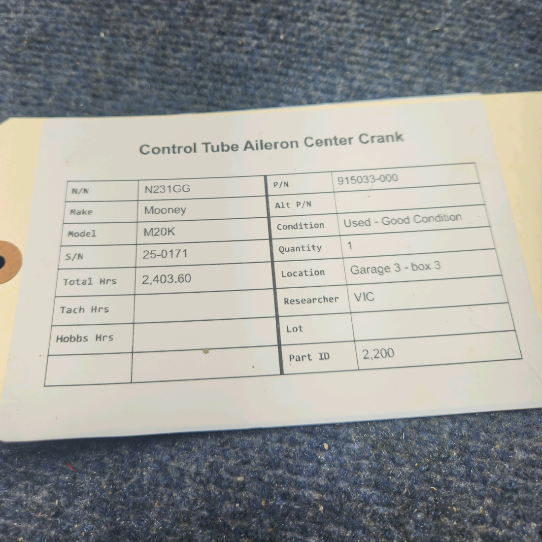 Used aircraft parts for sale, 915033-000 Mooney M20K CONTROL TUBE AILERON CENTER CRANK