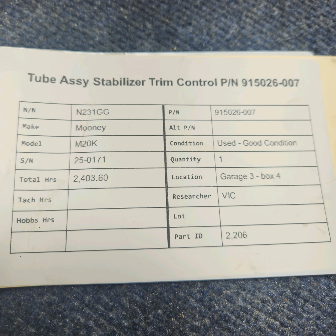 Used aircraft parts for sale, 915026-007 Mooney M20K TUBE ASSY STABILIZER TRIM CONTROL P/N 915026-007