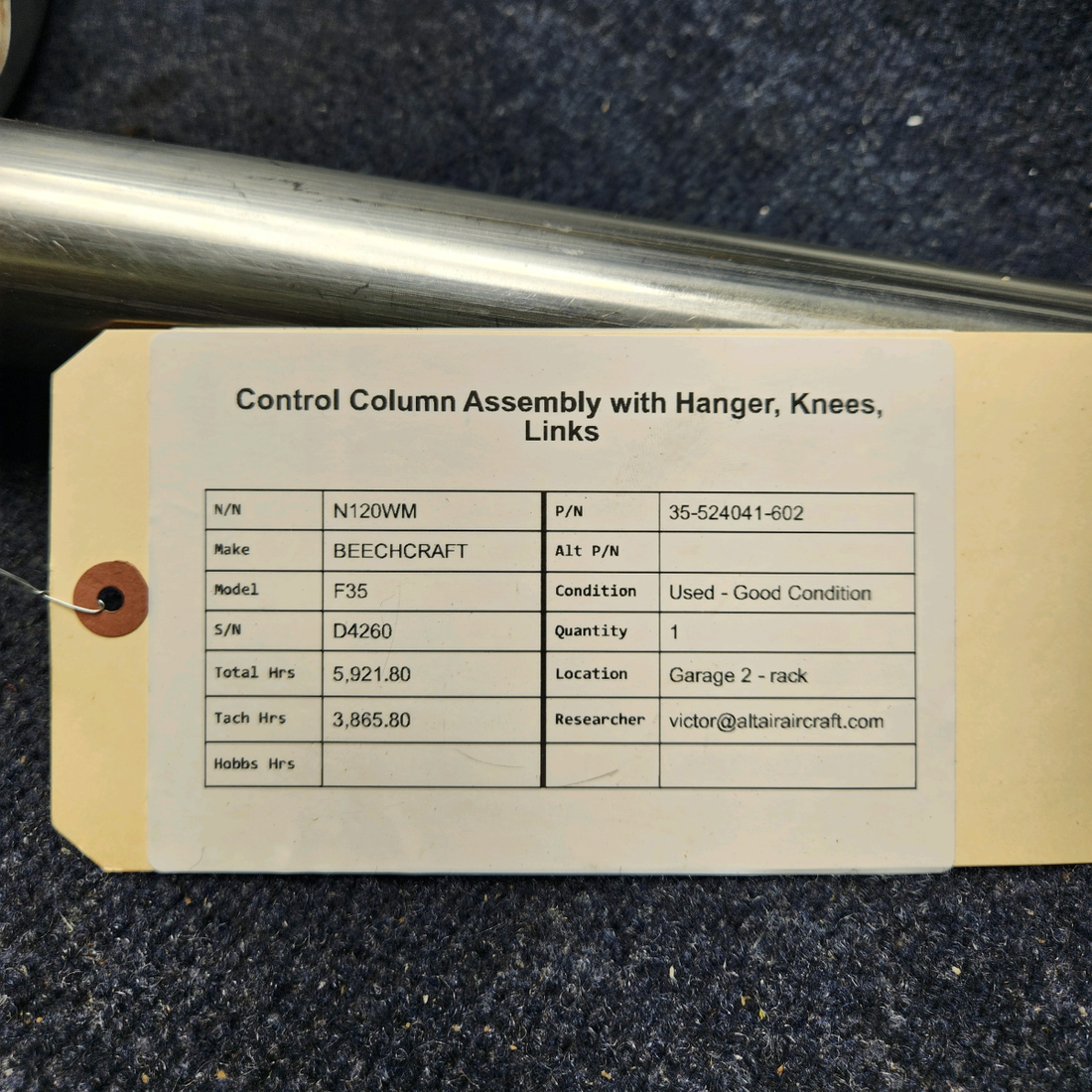 Used aircraft parts for sale, 35-524041-602 BEECHCRAFT F35 CONTROL COLUMN ASSEMBLY WITH HANGER, KNEES, LINKS
