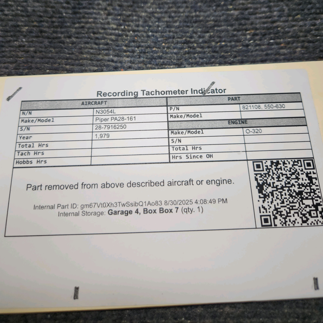 Used aircraft parts for sale, 821108 Piper PA28-161 Recording Tachometer Indicator