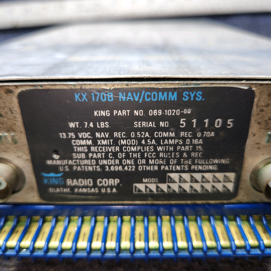 Used aircraft parts for sale, 069-1020-00 King KX-170B Piper PA28-161 Nav-Com with Tray - 14 Volts