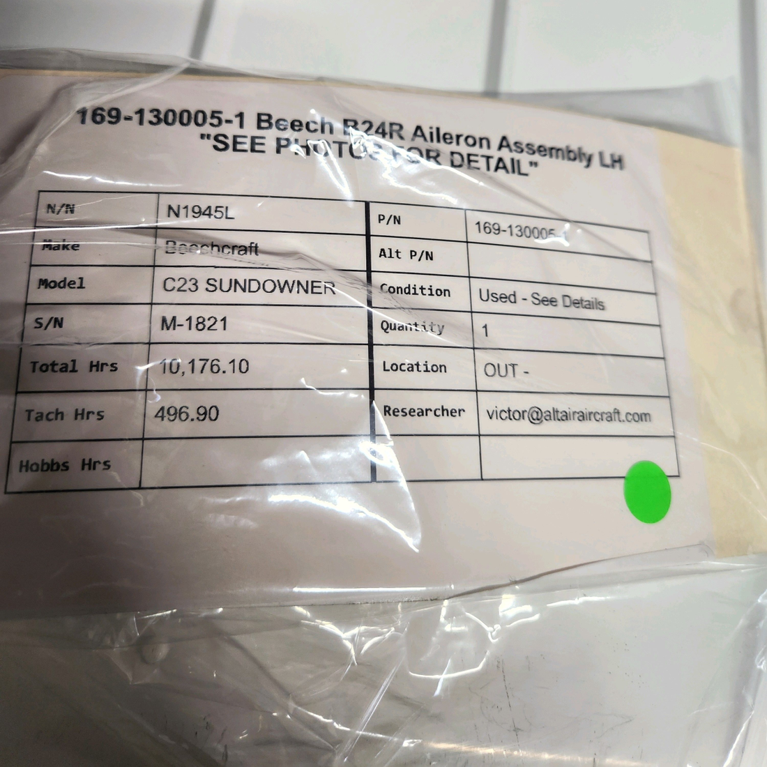 Used aircraft parts for sale, 169-130005-1 Beechcraft C23 SUNDOWNER AILERON ASSEMBLY LH "SEE PHOTOS FOR DETAIL"