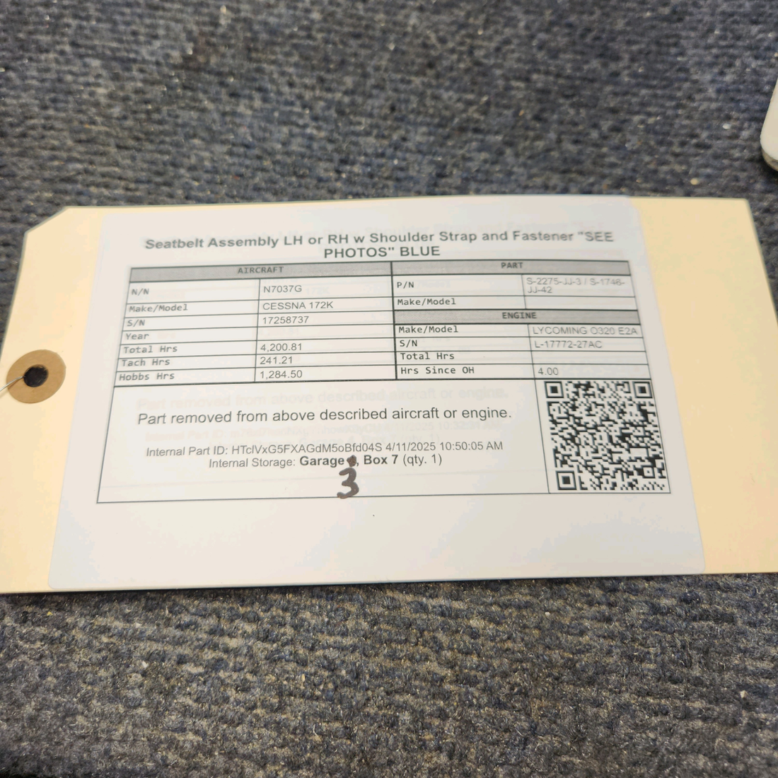 Used aircraft parts for sale, S-2275-JJ-3 / S-1746-JJ-42 CESSNA 172K Seatbelt Assembly LH or RH w Shoulder Strap and Fastener "SEE PHOTOS" BLUE