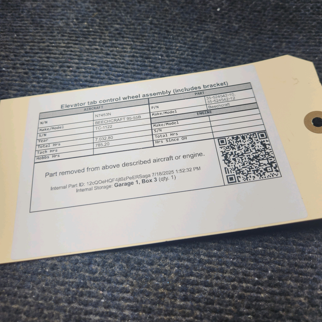 Used aircraft parts for sale, 35‑524542‑10 BEECHCRAFT 95-55B Elevator Tab Control Wheel Assembly (Including Bracket)