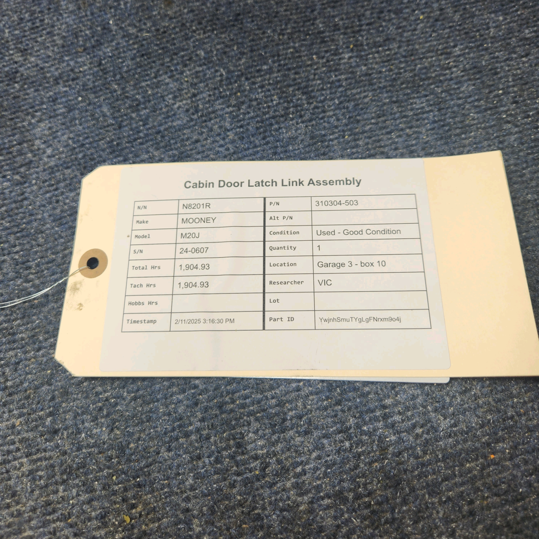 Used aircraft parts for sale, 310304-503 Mooney M20J CABIN DOOR LATCH LINK ASSEMBLY