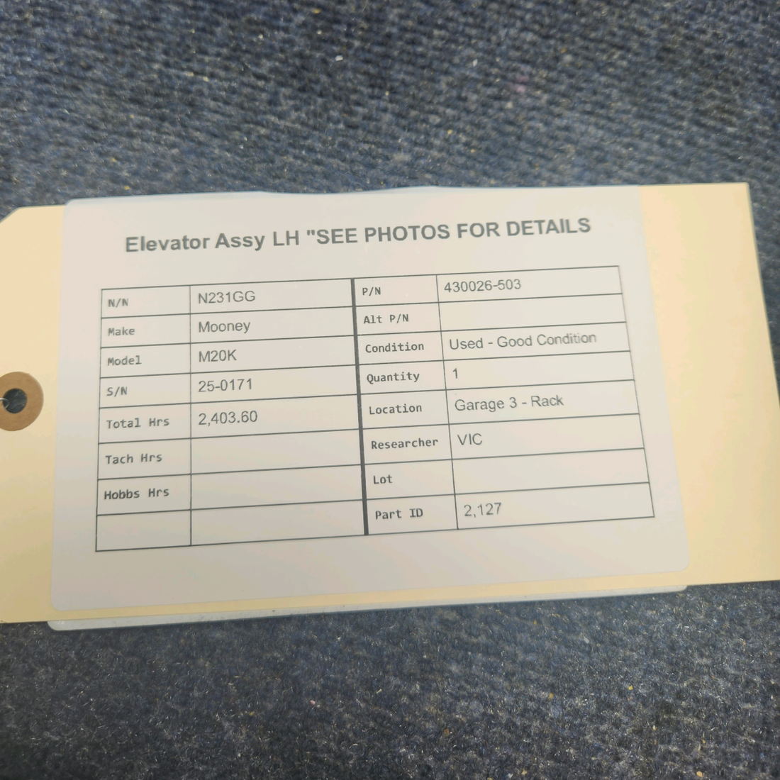 Used aircraft parts for sale, 430026-503 Mooney M20K ELEVATOR ASSY LH "SEE PHOTOS FOR DETAILS