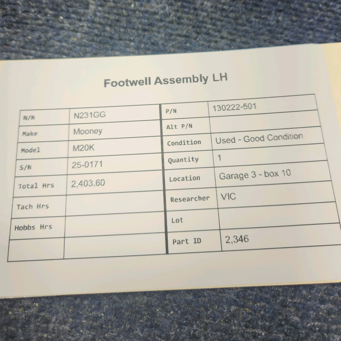 Used aircraft parts for sale, 130222-501 Mooney M20K FOOTWELL ASSEMBLY LH