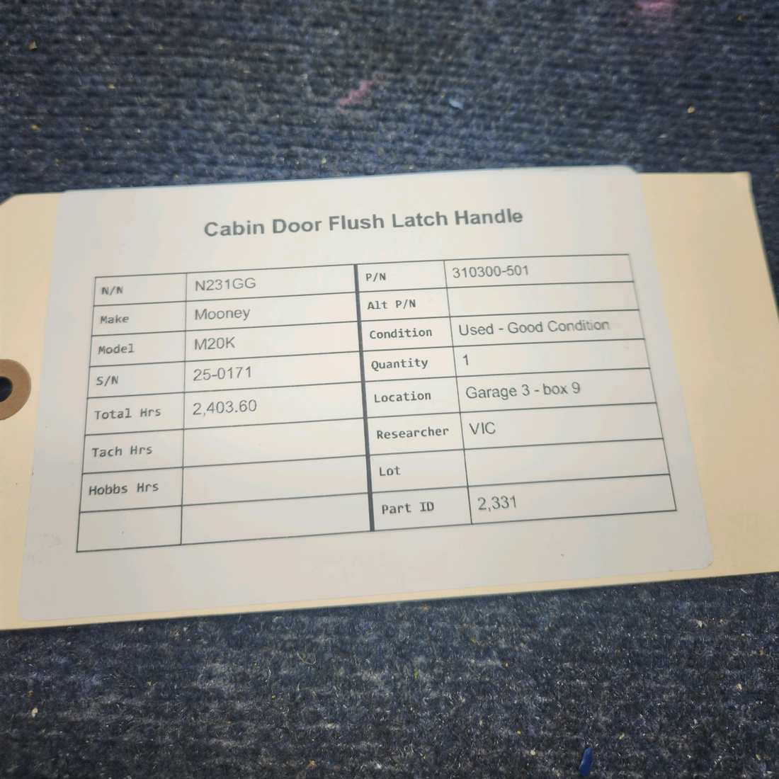 Used aircraft parts for sale, 310300-501 Mooney M20K CABIN DOOR FLUSH LATCH HANDLE