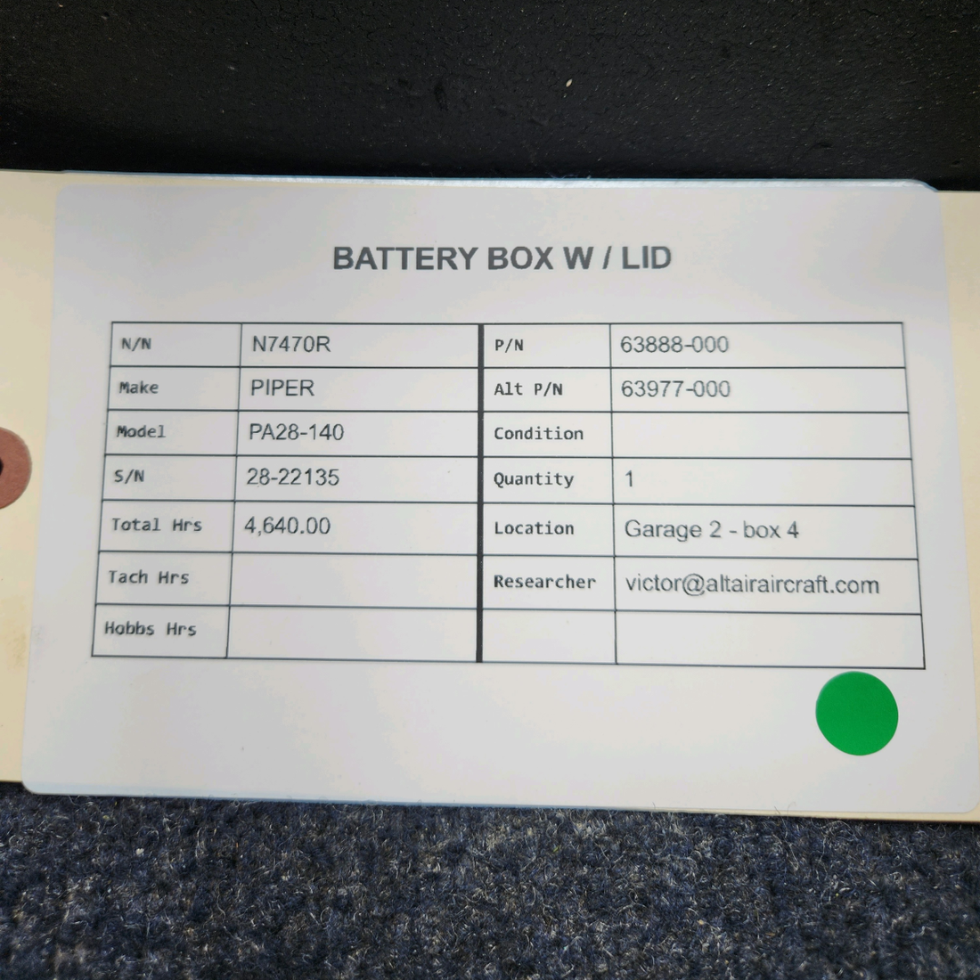 Used aircraft parts for sale, 63888-000 & 53977-000 PIPER PA28-140 BATTERY BOX WITH LID