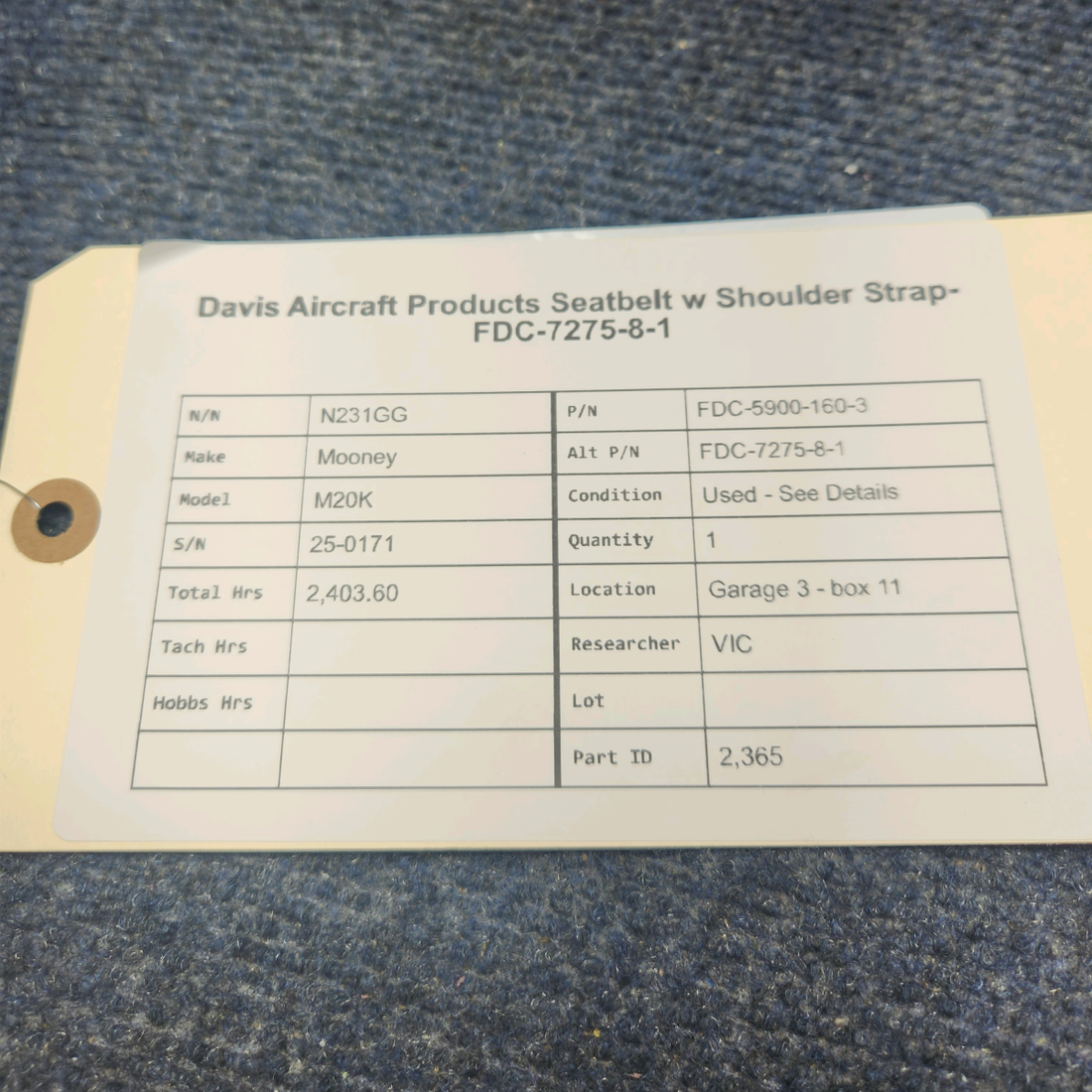 Used aircraft parts for sale, FDC-5900-160-3 Mooney M20K DAVIS AIRCRAFT PRODUCTS SEATBELT W SHOULDER STRAP-FDC-7275-8-1
