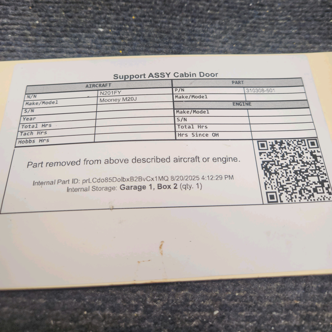 Used aircraft parts for sale, 310308-501 Mooney M20J Cabin Door Support Assembly