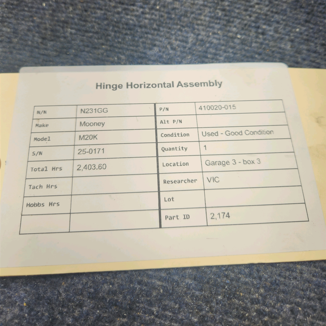 Used aircraft parts for sale, 410020-015 Mooney M20K HINGE HORIZONTAL ASSEMBLY