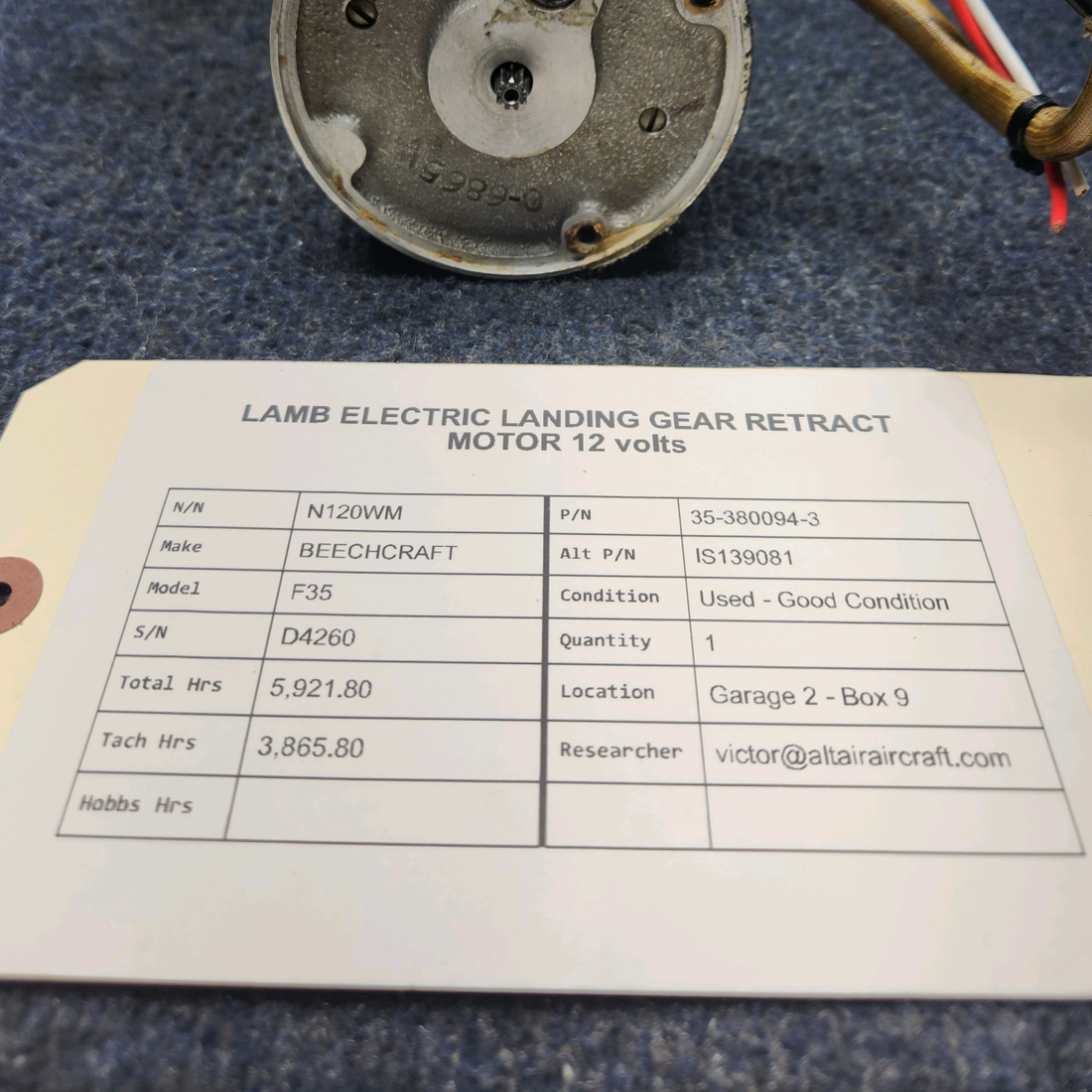 Used aircraft parts for sale, 35-380094-3 Lamb Electric BEECHCRAFT F35 LANDING GEAR RETRACT MOTOR 12 VOLTS